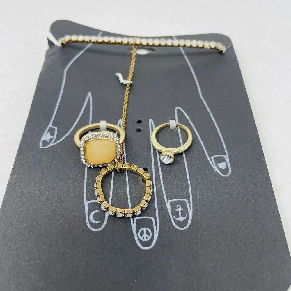 G by Gennaro Womens‎ Size 7 Gold Tone Stretch Bracelet with Ring Chain & 2 Rings